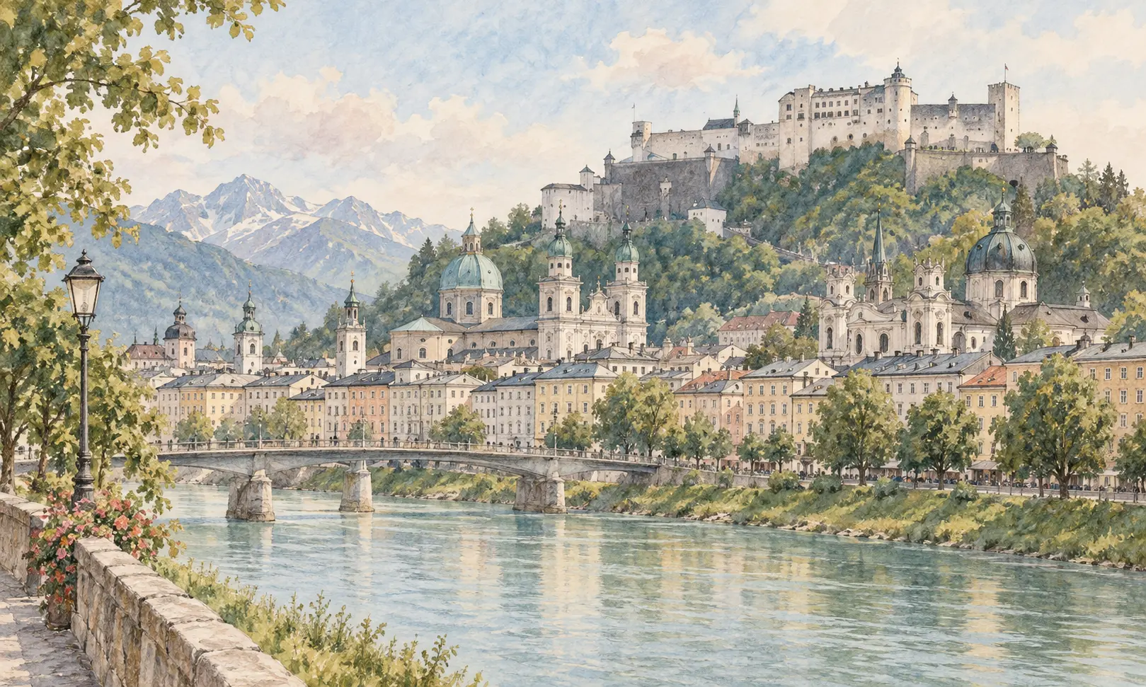 Watercolour illustration of Salzburg-inspired riverside buildings and hilltop fortress