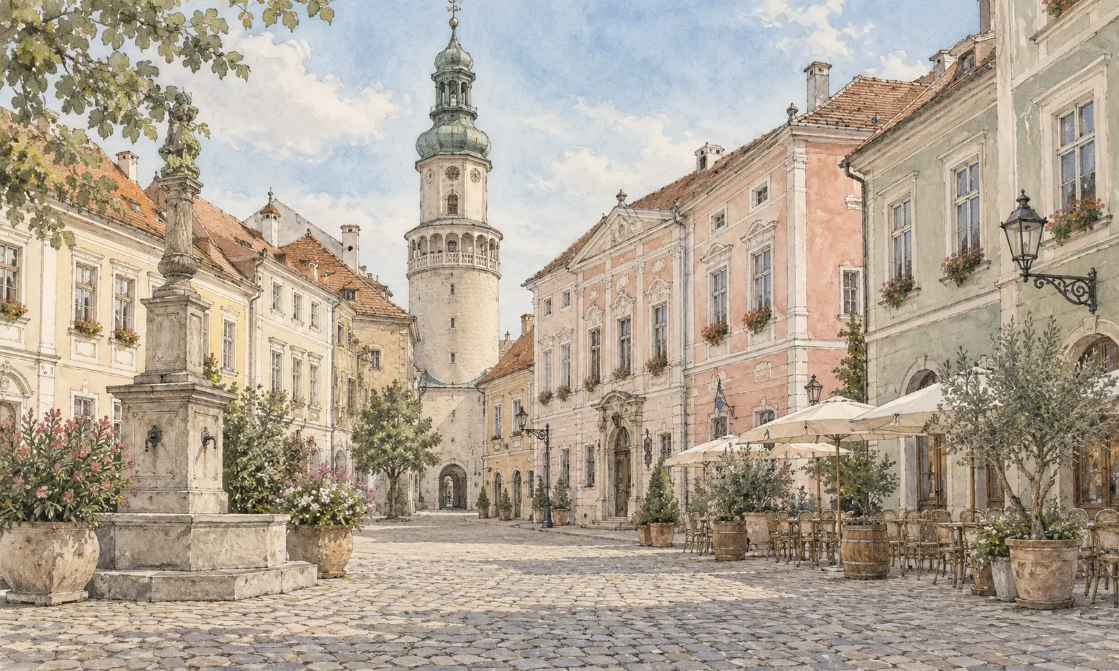 Watercolour illustration of a Sopron-inspired square and Firewatch Tower