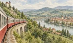 Watercolour illustration of an imagined rail journey through Central European countryside
