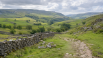 Yorkshire Dales landscape with rolling green hills and dry-stone walls