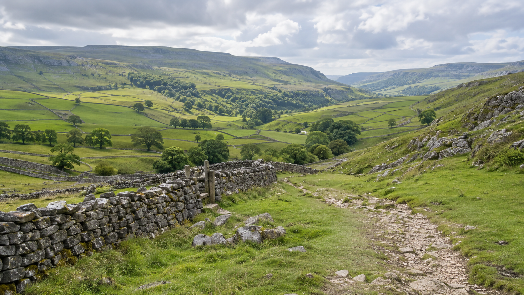 Yorkshire Dales landscape with rolling green hills and dry-stone walls