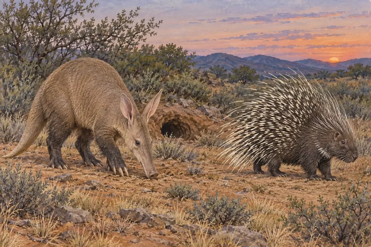african wildlife aardvark cape porcupine Illustration of an aardvark and Cape porcupine in semi-arid African scrubland