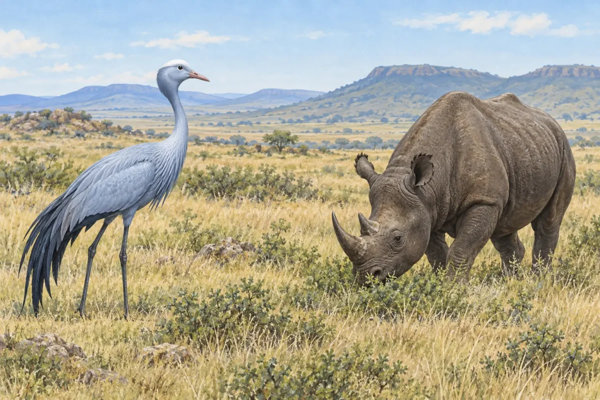 african wildlife blue crane black rhino Illustration of a blue crane and black rhinoceros in South African grassland