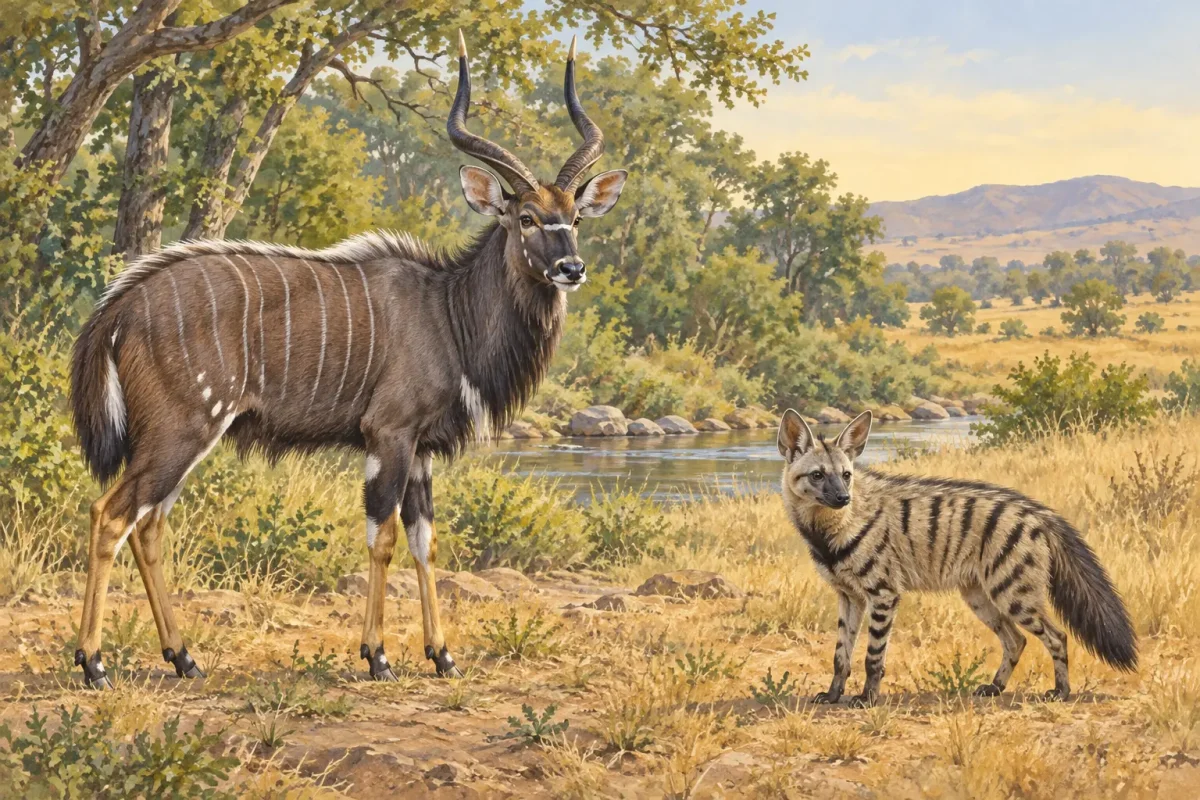 african wildlife nyala aardwolf Illustration of a male nyala antelope and aardwolf in African habitat