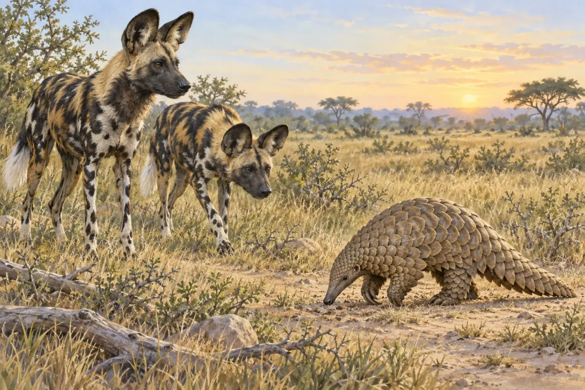 african wildlife painted dogs pangolin Illustration of African wild dogs and a ground pangolin in savannah