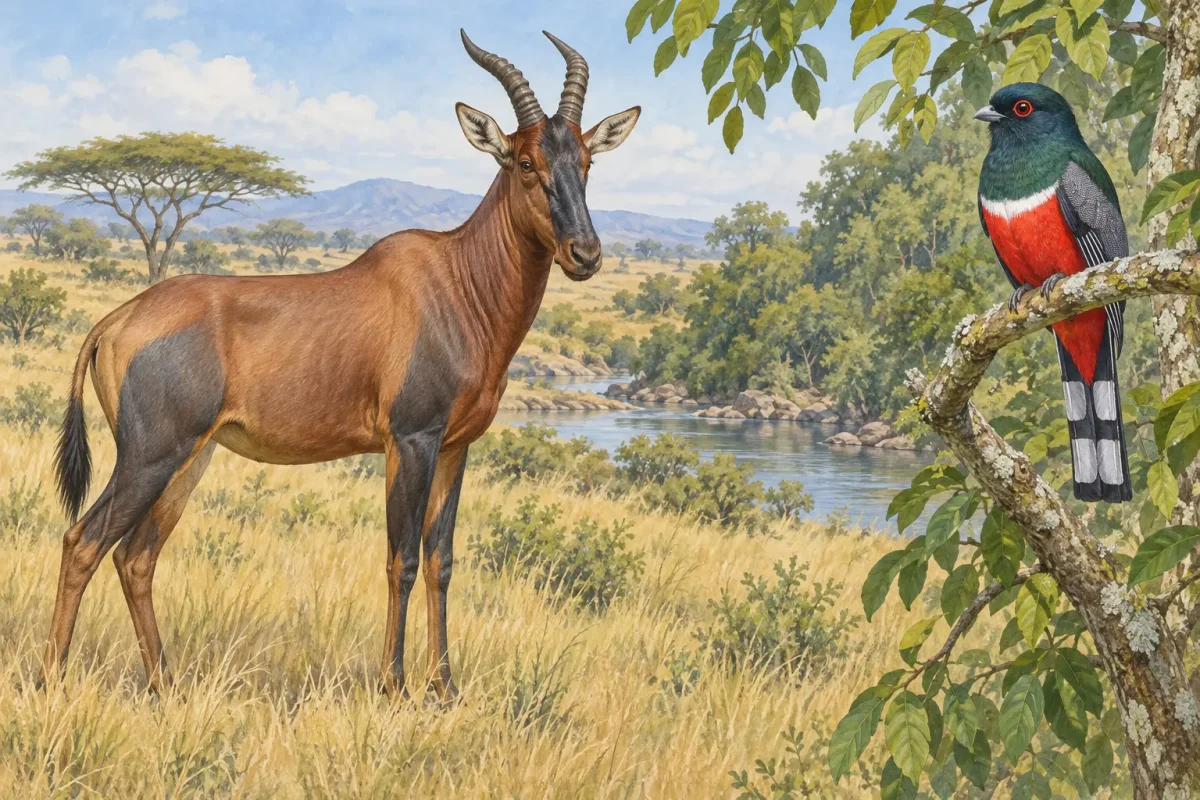 african wildlife tsessebe narina trogon Illustration of a tsessebe antelope and Narina trogon in African habitat