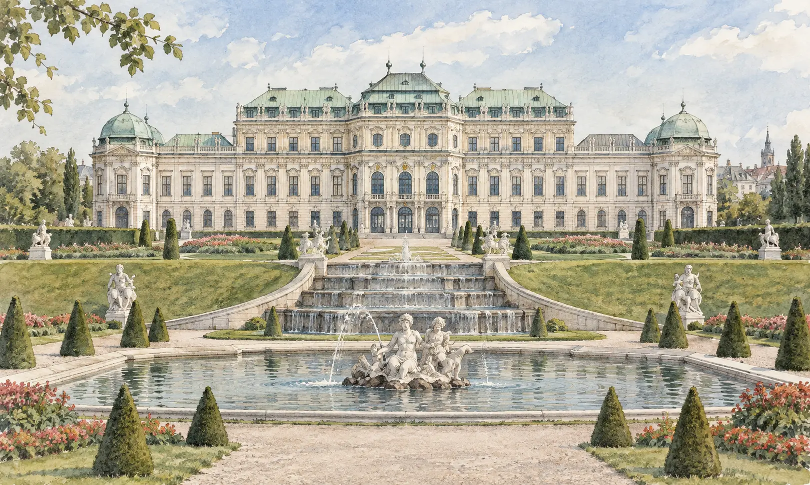 austria landmarks belvedere palace Watercolour illustration of Upper Belvedere Palace and its formal gardens in Vienna