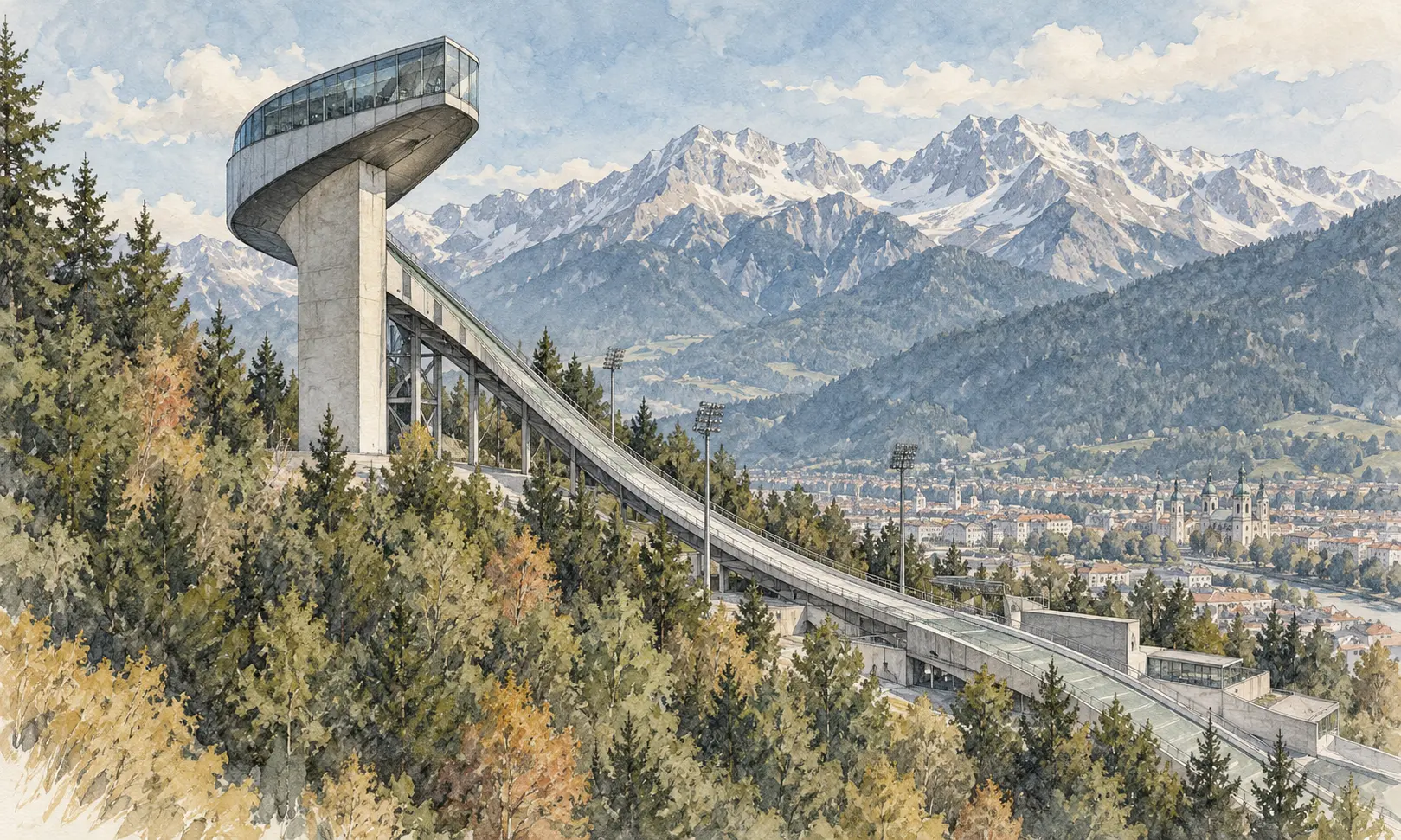 austria landmarks bergisel ski jump Watercolour illustration of the Bergisel ski jump overlooking Innsbruck