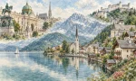 Watercolour montage of Austrian palaces, Salzburg fortress and an alpine lakeside village