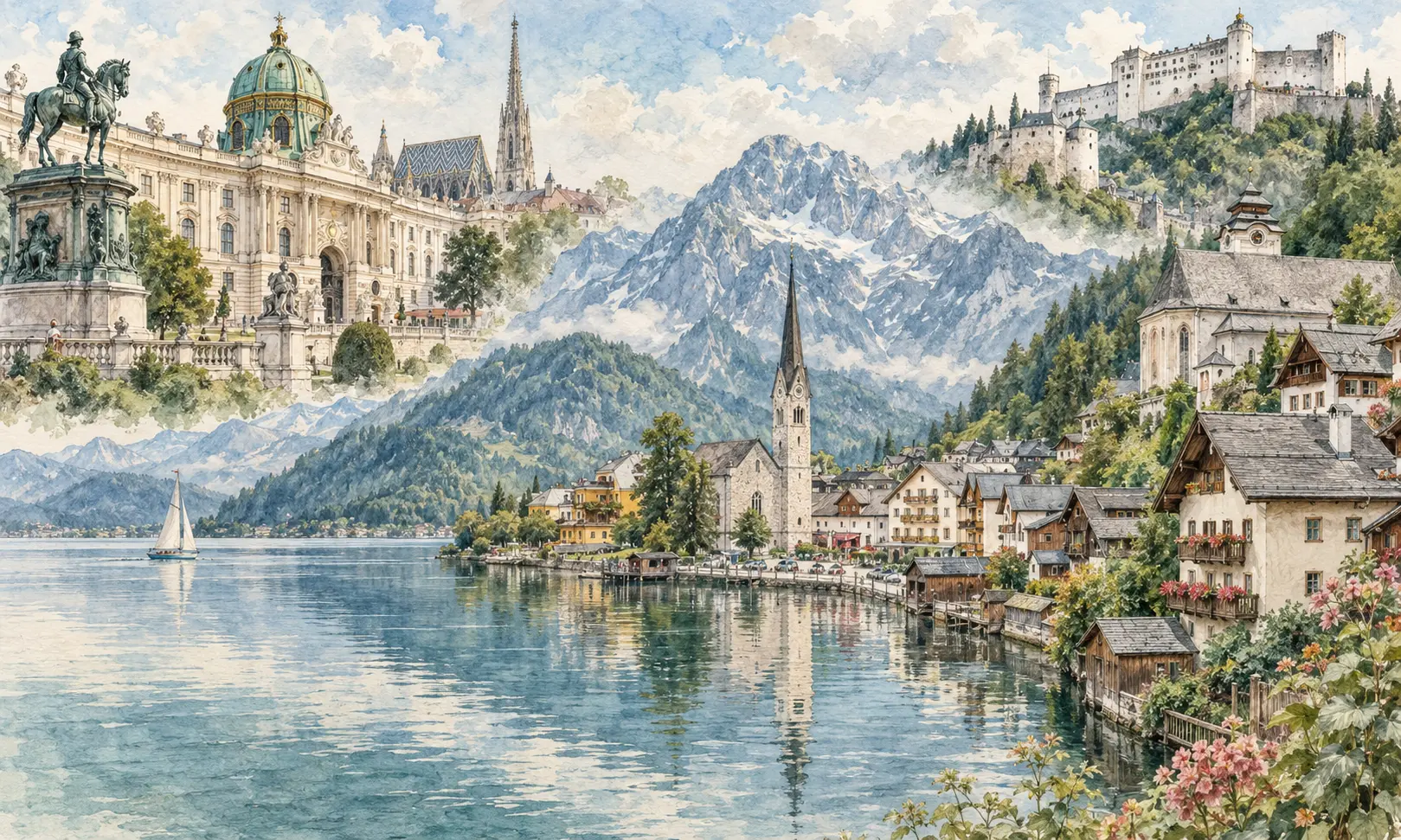Watercolour montage of Austrian palaces, Salzburg fortress and an alpine lakeside village