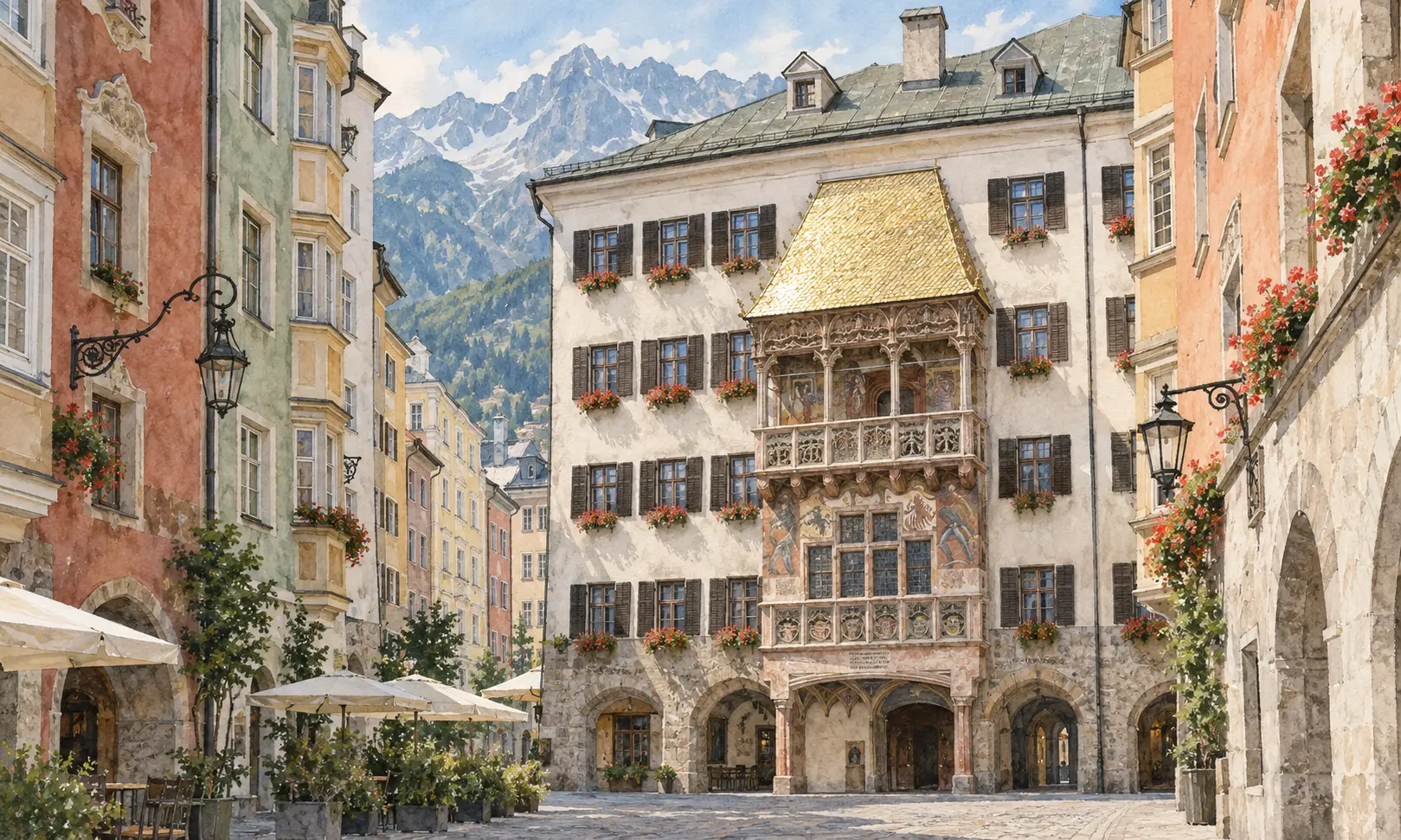 austria landmarks golden roof Watercolour illustration of the Golden Roof in Innsbruck’s Old Town