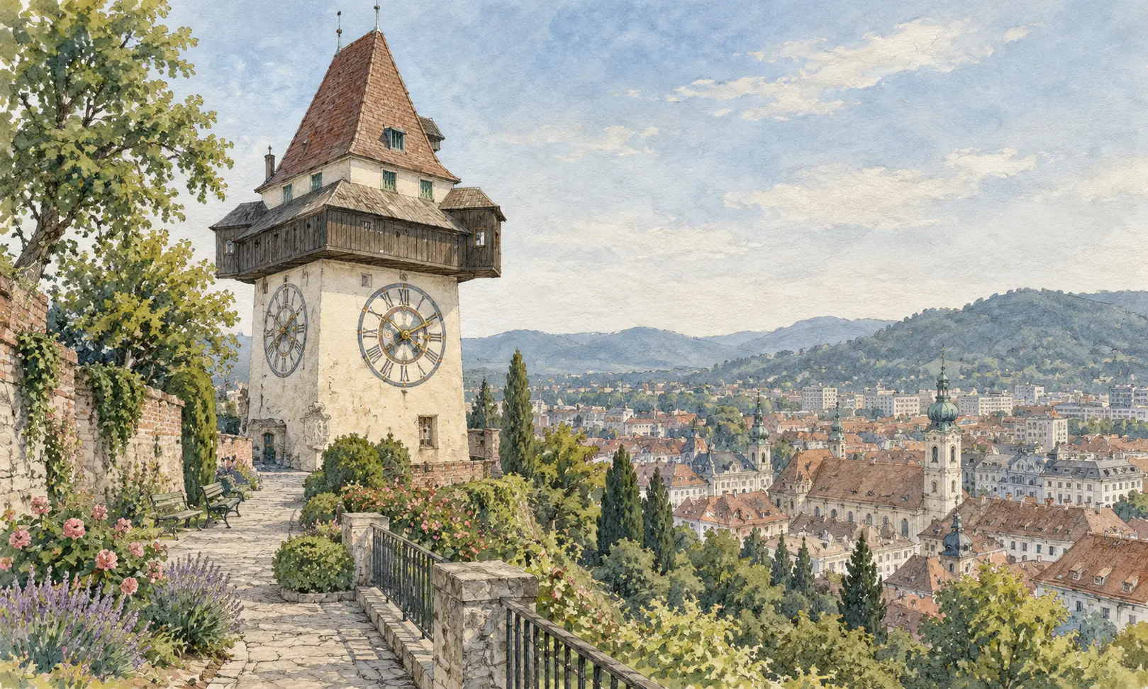 austria landmarks graz clock tower Watercolour illustration of Graz Clock Tower above the city rooftops