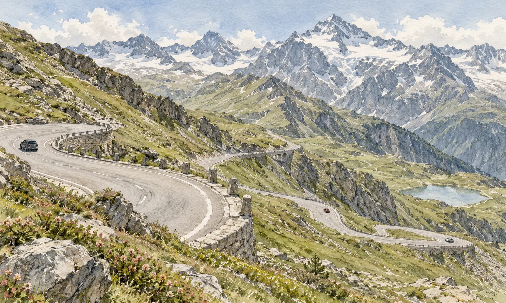 austria landmarks grossglockner road Watercolour illustration of winding bends on the Grossglockner High Alpine Road