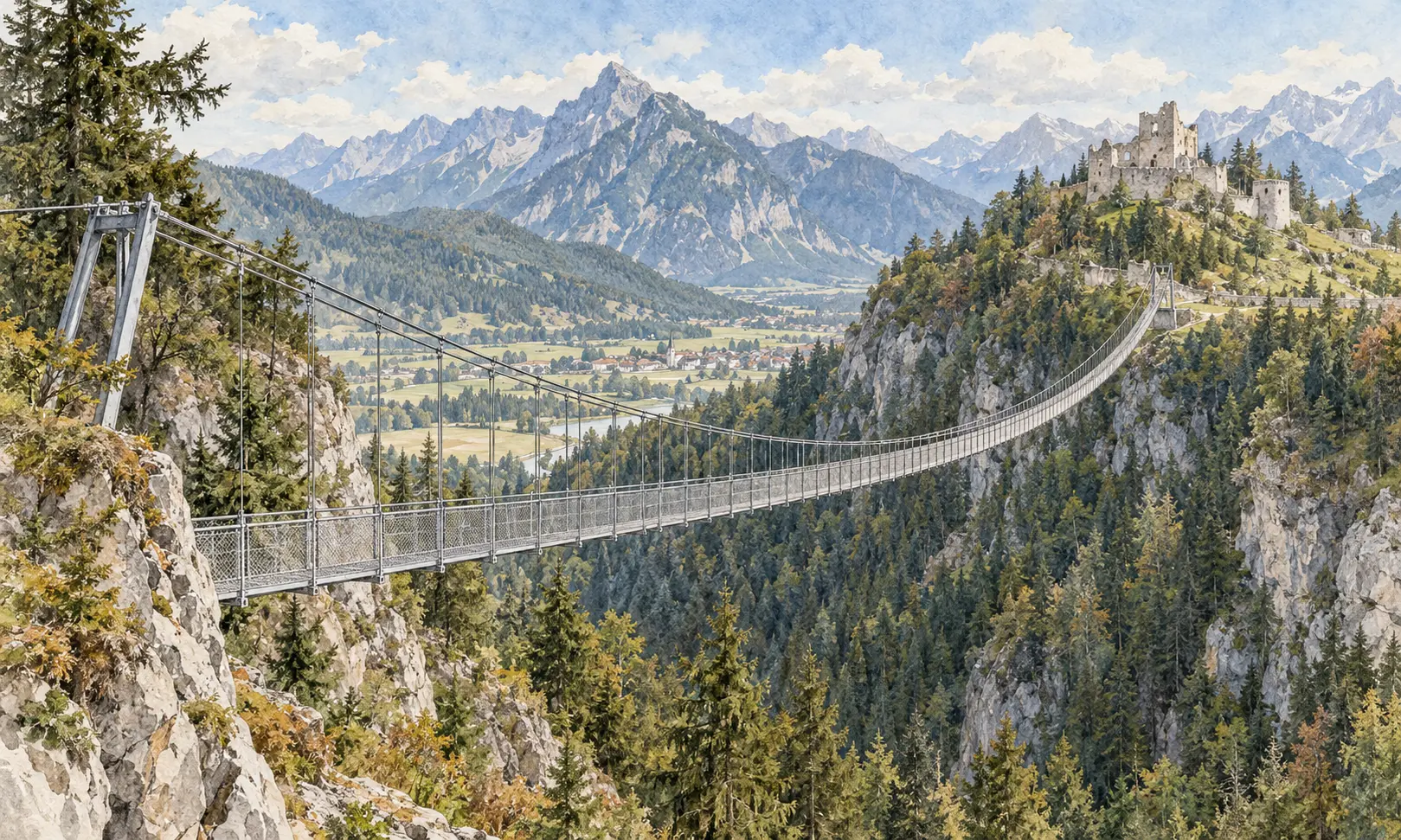 austria landmarks highline 179 Watercolour illustration of Highline 179 suspension bridge near Reutte