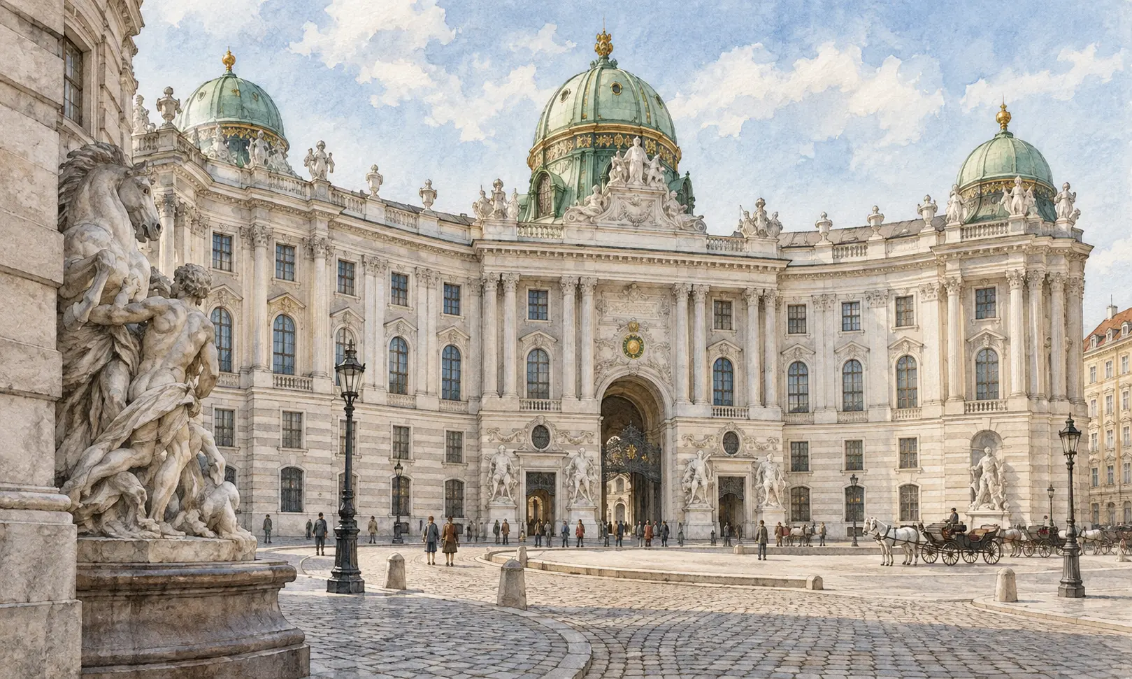 austria landmarks hofburg vienna Watercolour illustration of the Hofburg entrance at Michaelerplatz in Vienna