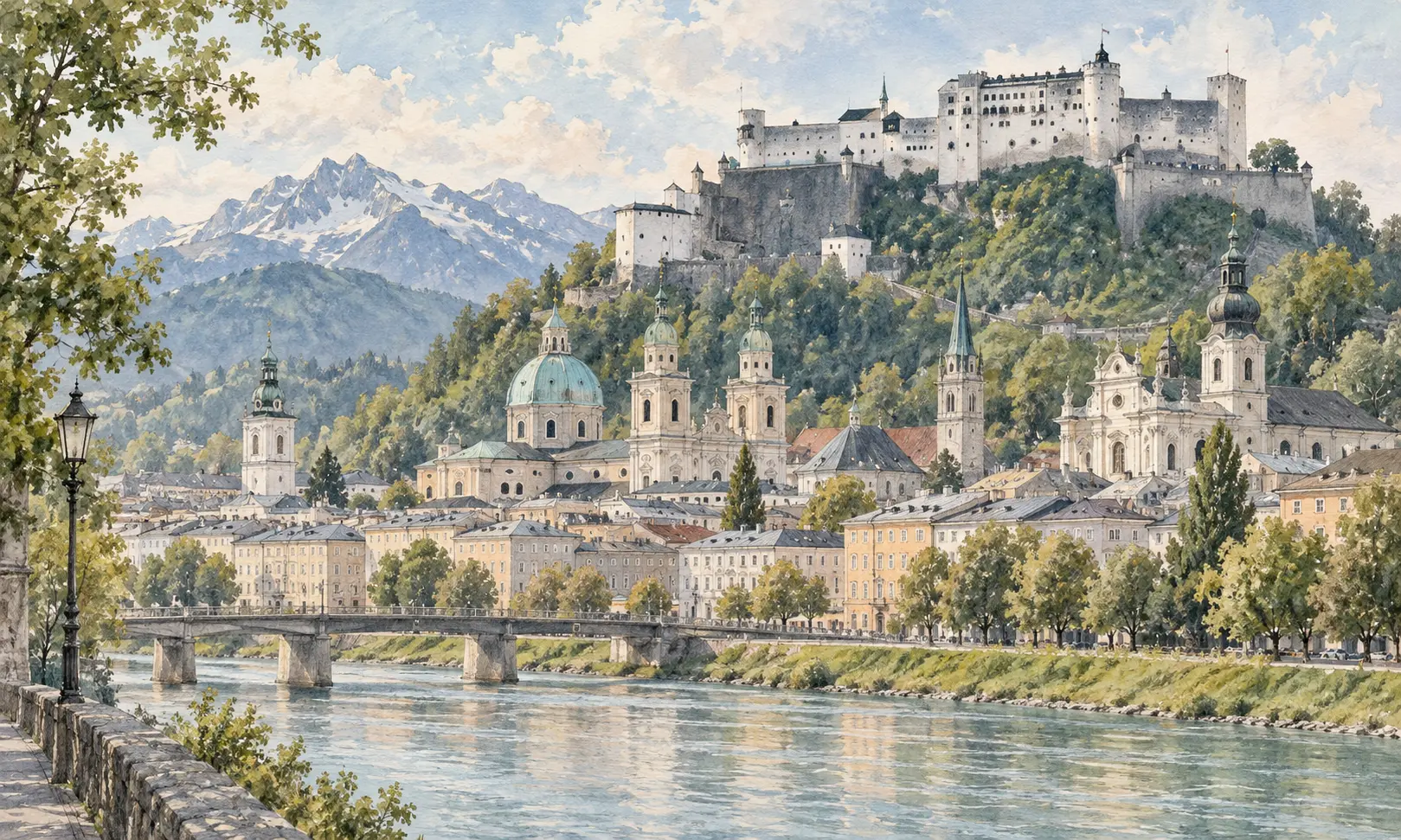 austria landmarks hohensalzburg fortress Watercolour illustration of Hohensalzburg Fortress above Salzburg