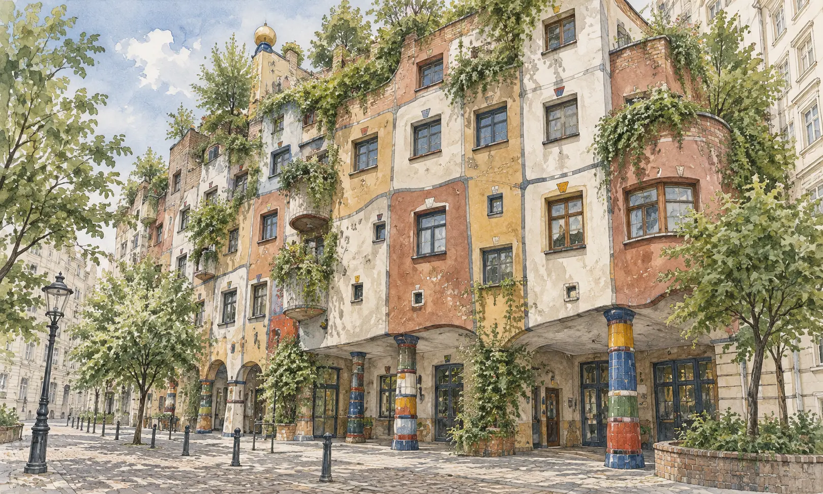 austria landmarks hundertwasser vienna Watercolour illustration of the colourful Hundertwasserhaus facade in Vienna