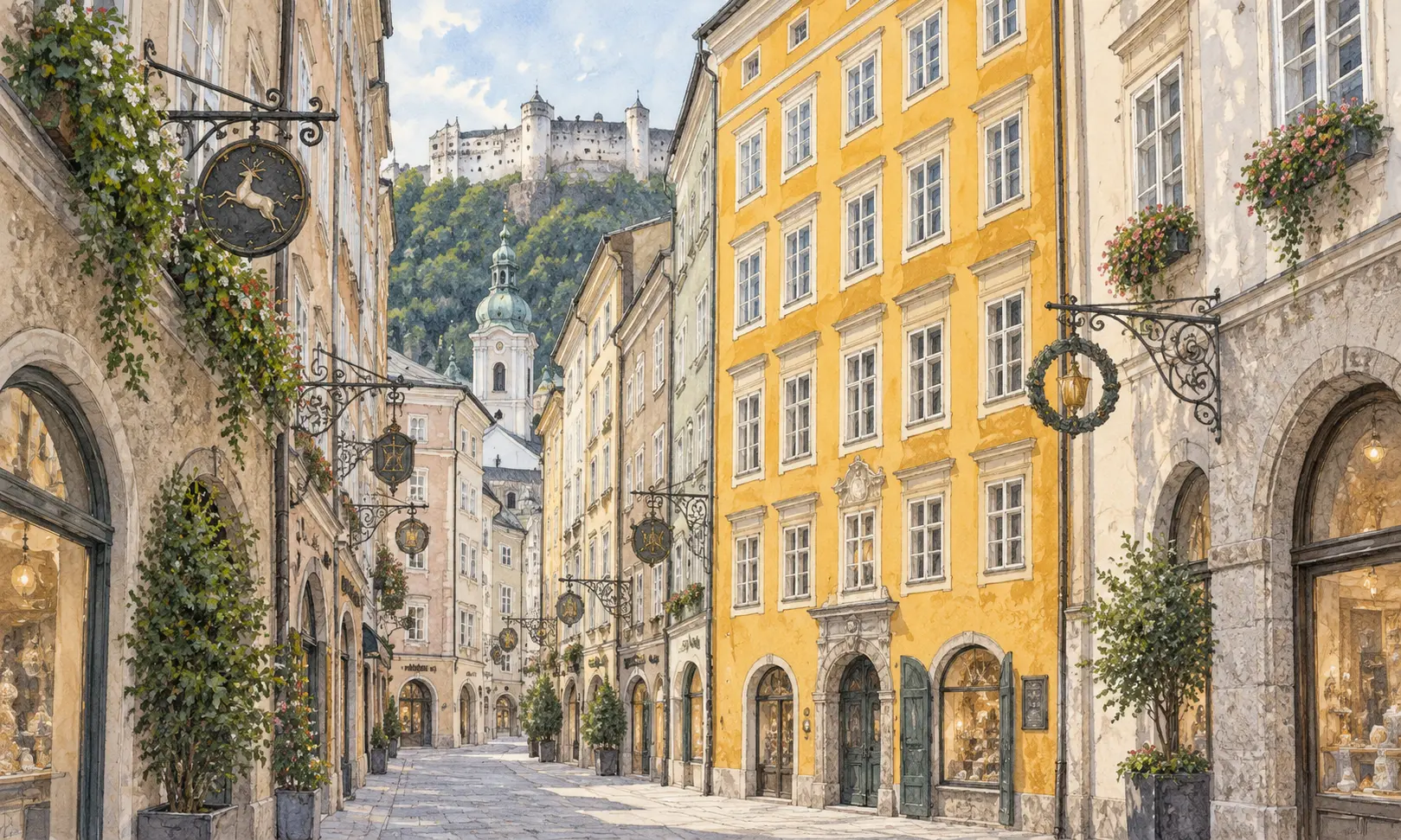 austria landmarks mozart birthplace Watercolour illustration inspired by Mozart’s Birthplace on Getreidegasse in Salzburg