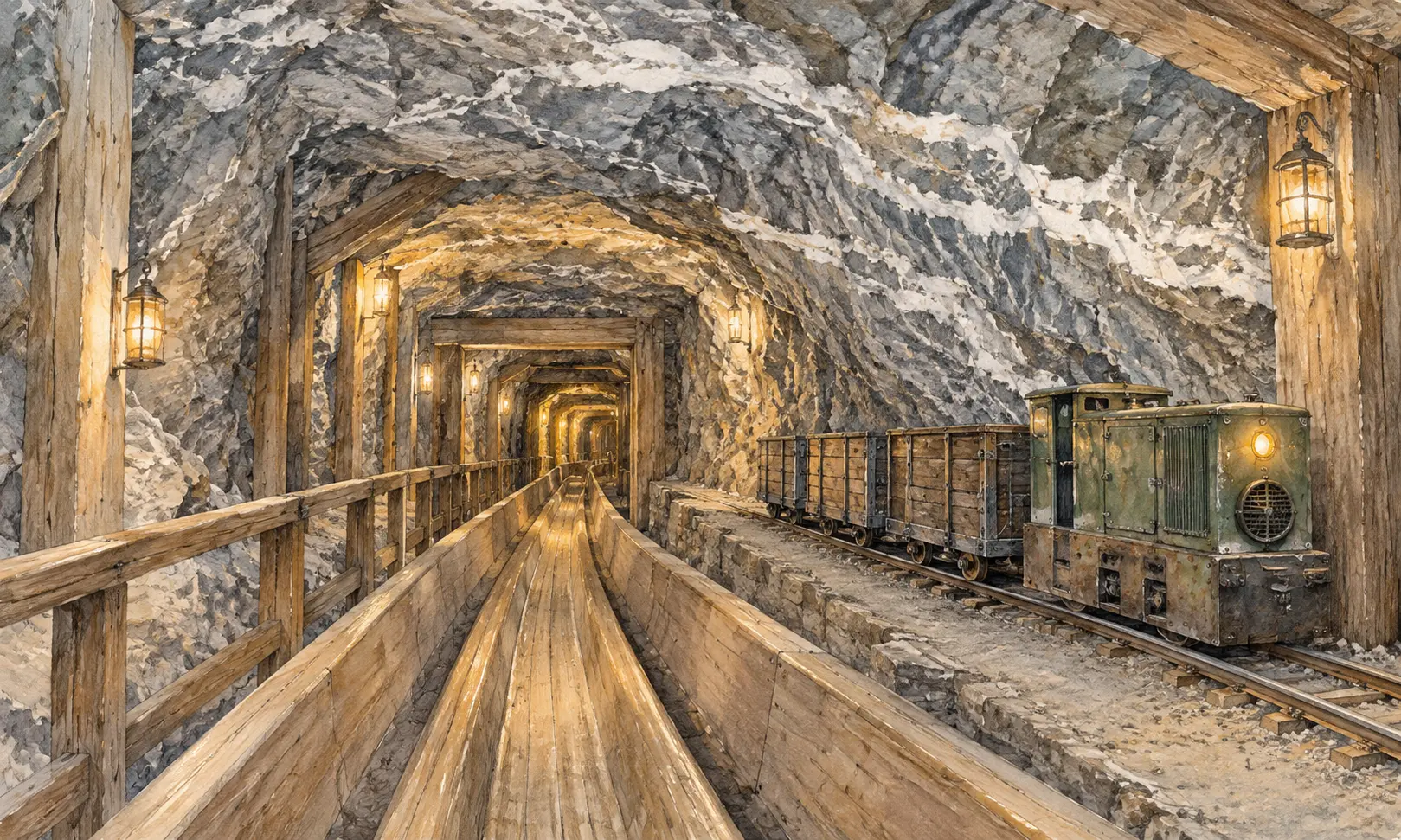 austria landmarks salzburg salt mine Watercolour interpretation of a salt mine tunnel with a wooden slide and mine train