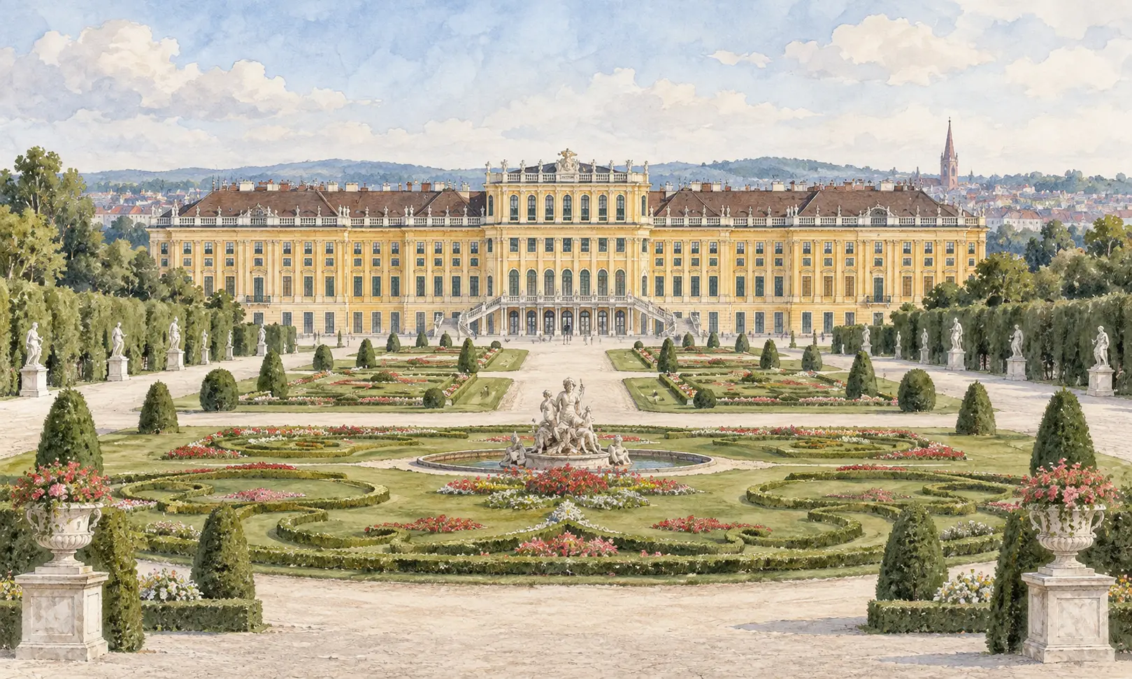 austria landmarks schoenbrunn palace Watercolour illustration of Schönbrunn Palace and gardens in Vienna