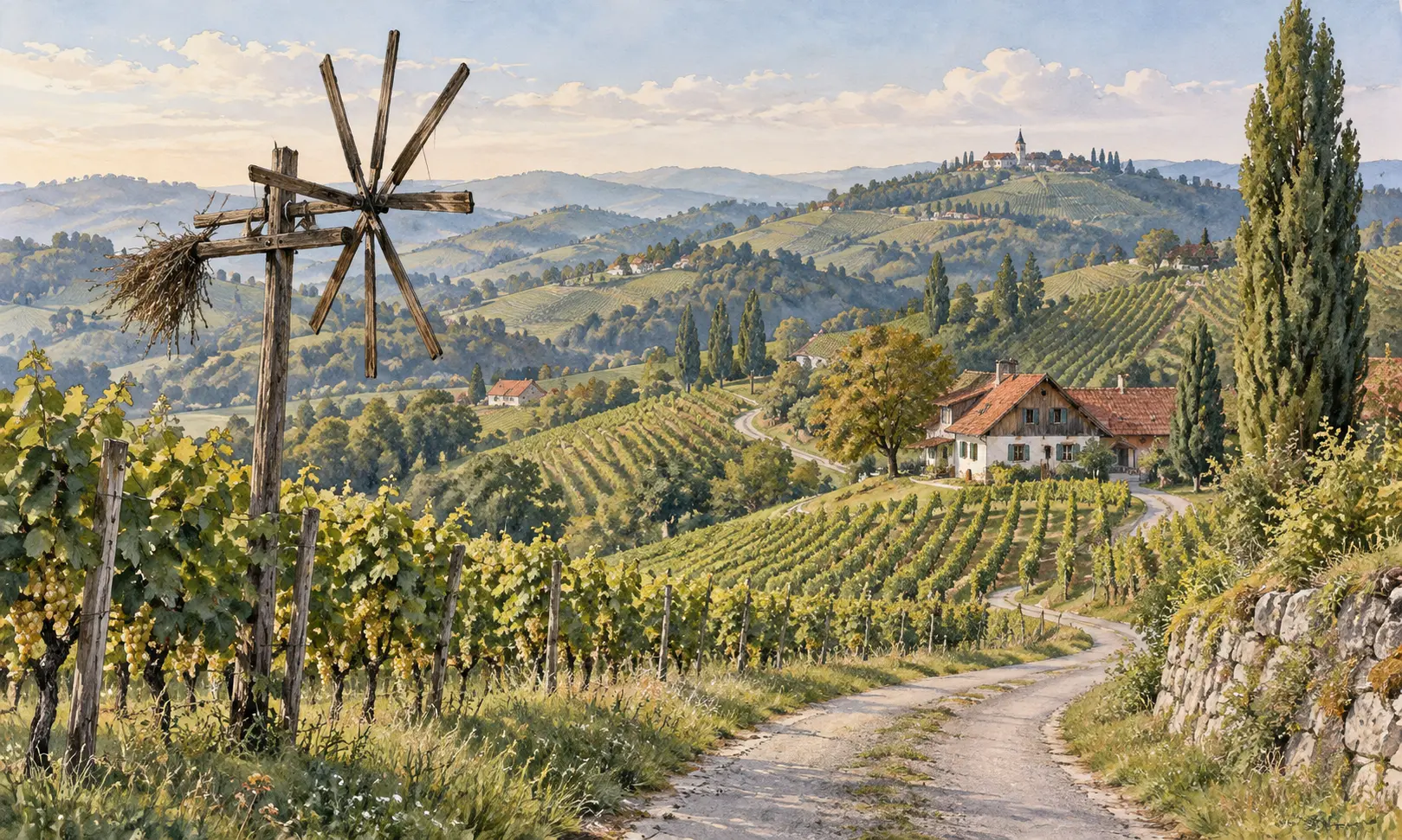 austria landmarks south styria wine road Watercolour illustration of vineyards and a country lane in southern Styria