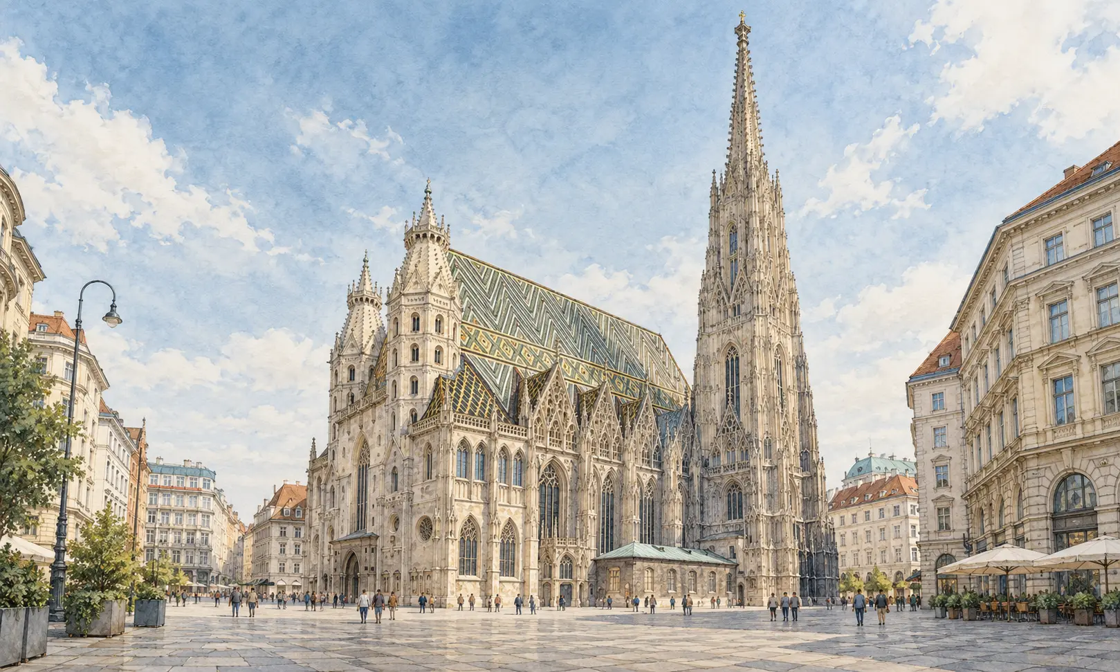 austria landmarks st stephens cathedral Watercolour illustration of St. Stephen’s Cathedral and its patterned roof in Vienna