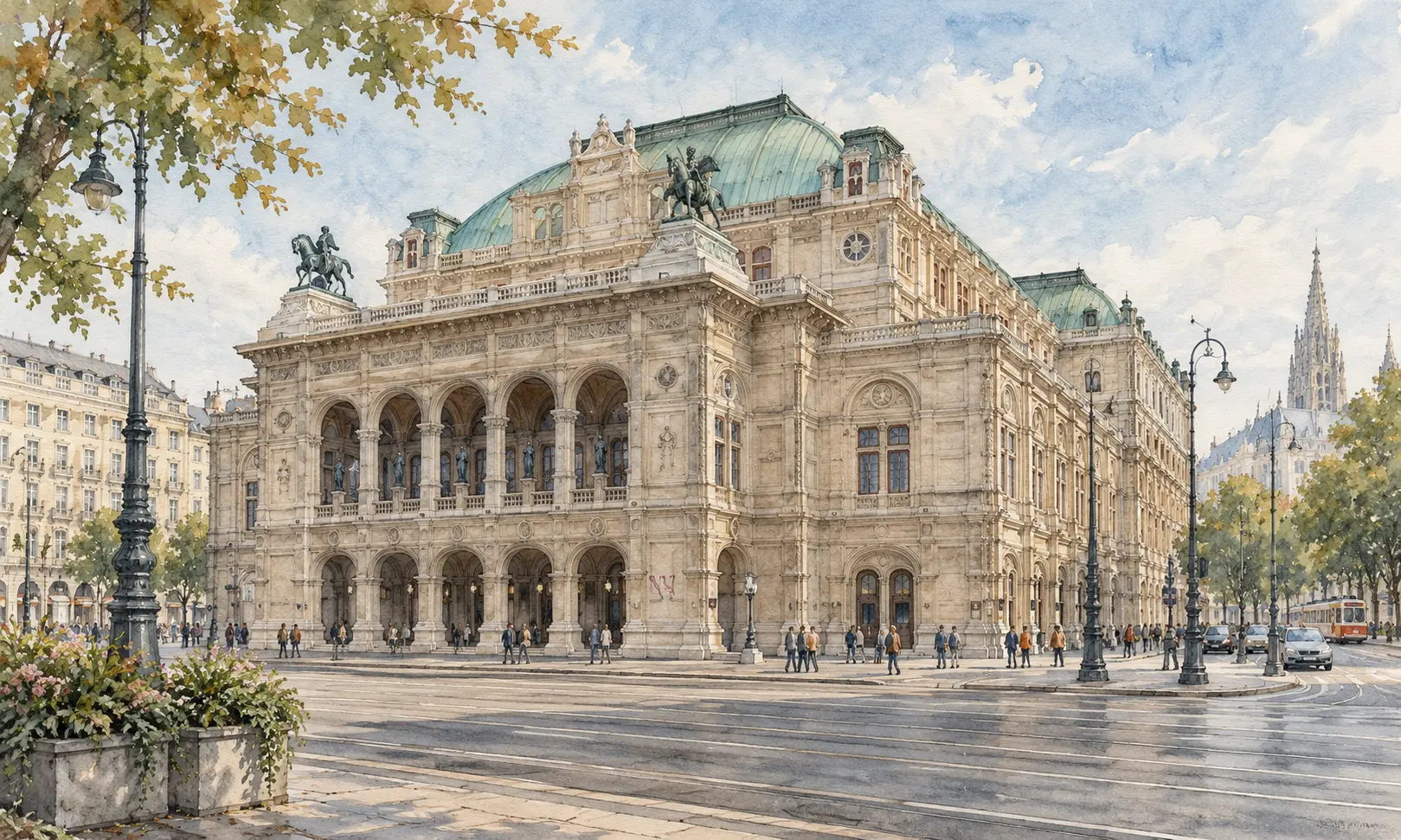 austria landmarks vienna state opera Watercolour illustration of the Vienna State Opera exterior