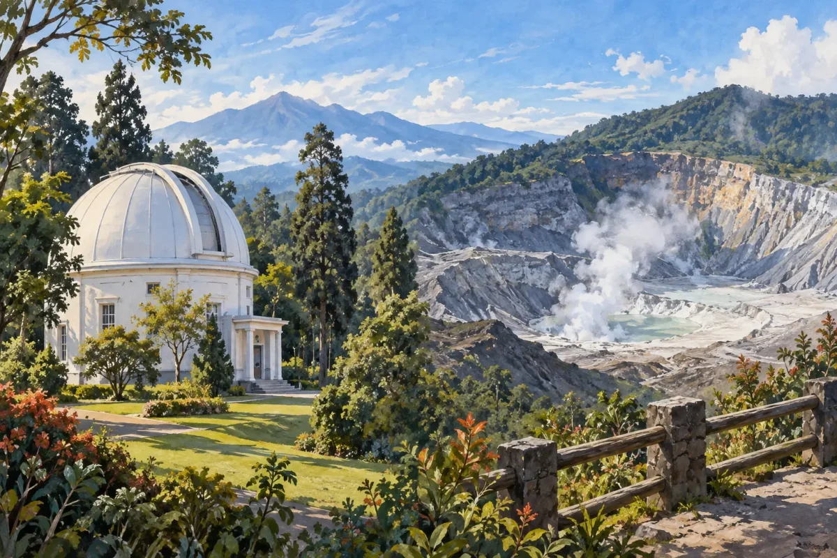 bandung bosscha observatory tangkuban perahu AI illustration of Bosscha Observatory and Tangkuban Perahu volcanic crater near Bandung
