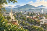 AI illustration of Bandung city with Art Deco buildings and West Java mountains