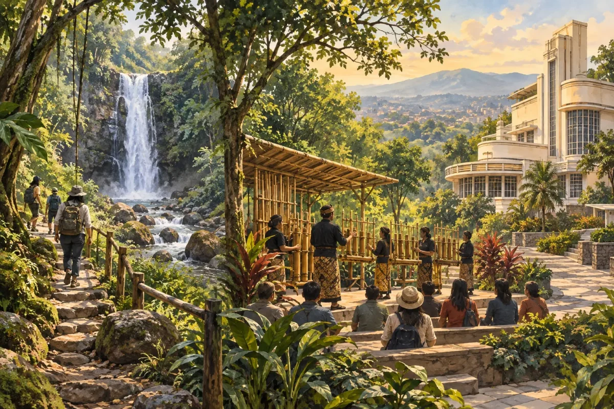 bandung dago forest angklung art deco fixed AI illustration of Dago forest, an angklung performance and Bandung Art Deco architecture