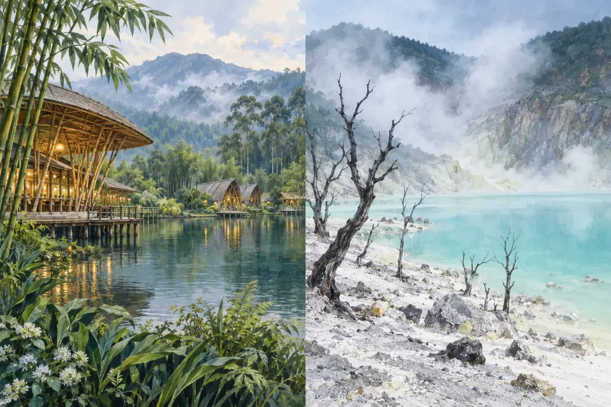 bandung dusun bambu kawah putih AI illustration of Dusun Bambu and Kawah Putih crater lake near Bandung