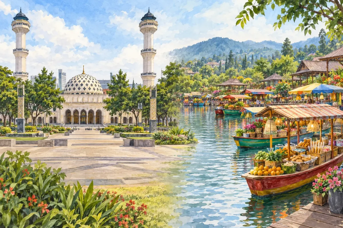bandung grand mosque floating market AI illustration of Bandung Grand Mosque and Lembang Floating Market