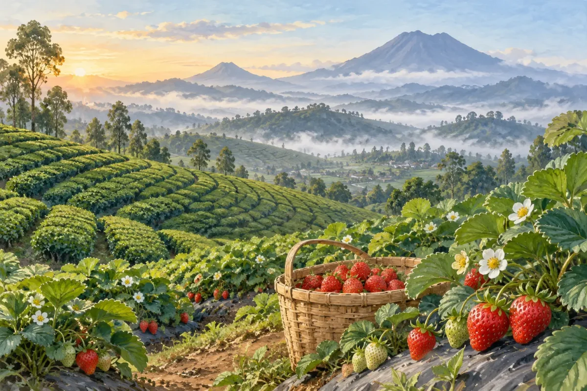 bandung tea plantations strawberries AI illustration of tea plantations and strawberry farms in the Bandung highlands