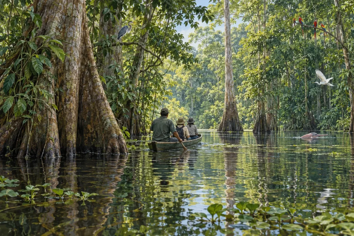 AI illustration of a guided canoe in flooded Amazon rainforest with river dolphin and birds