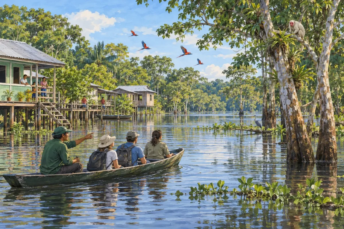 AI illustration of community-based canoe tourism in the flooded forest of Mamirauá, Brazil