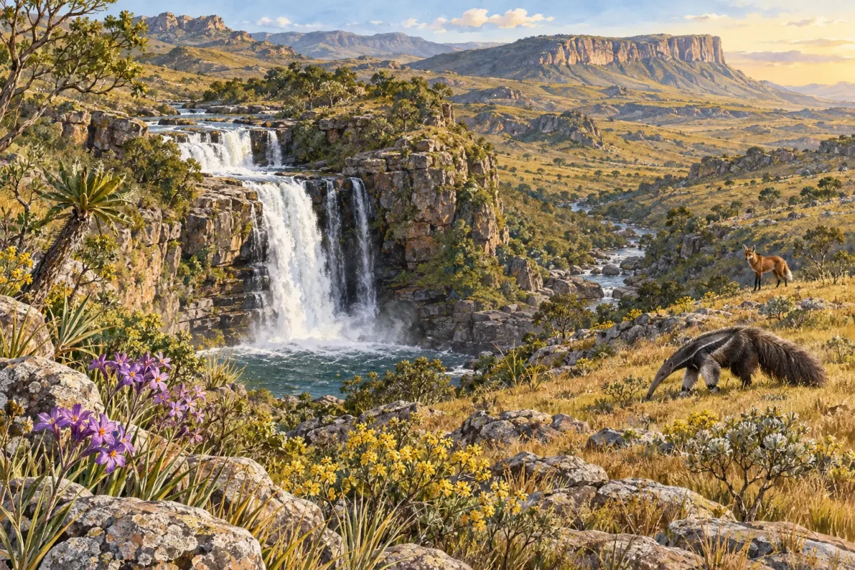AI illustration of Minas Gerais cerrado, waterfalls, maned wolf and giant anteater