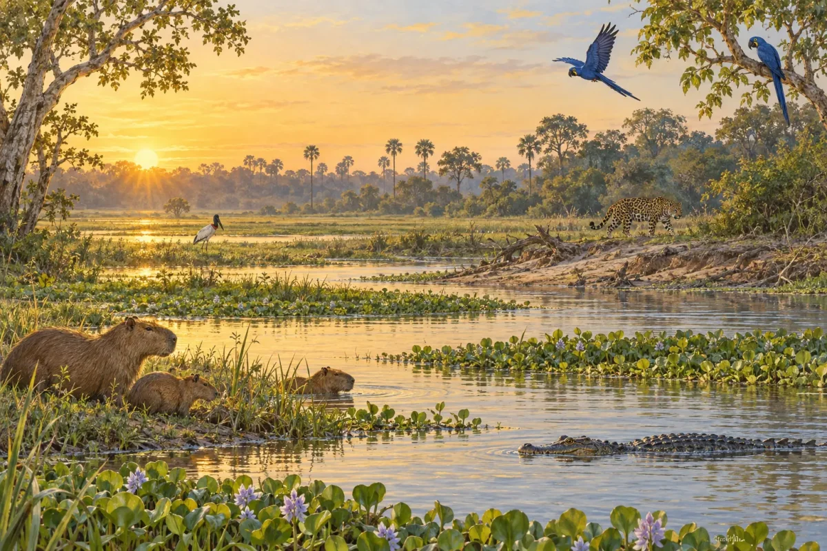 AI illustration of Pantanal wetlands with jaguar, capybaras, caiman and hyacinth macaws