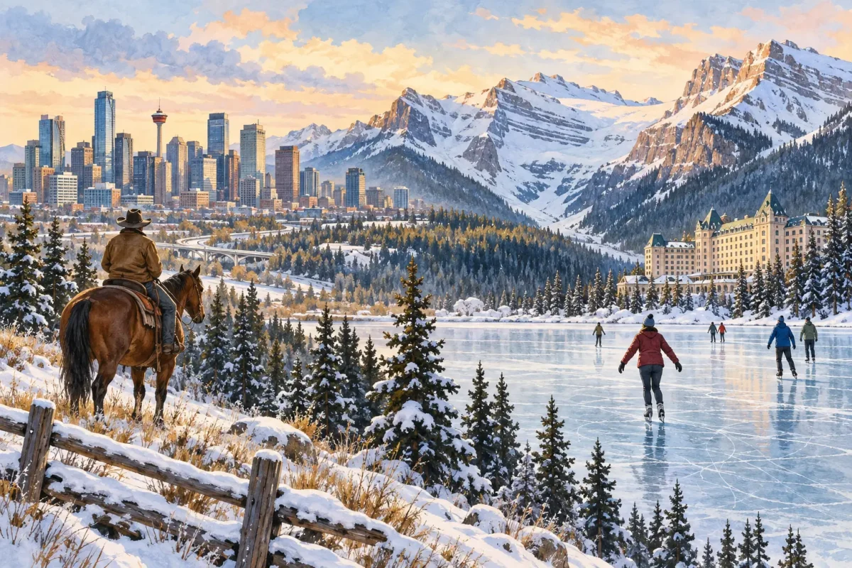 AI illustration combining Calgary, Banff National Park and frozen Lake Louise in Alberta