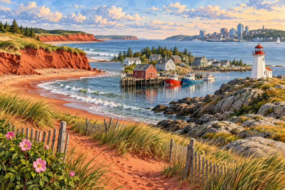 AI illustration of Atlantic Canada with Prince Edward Island red cliffs, a fishing harbour and lighthouse