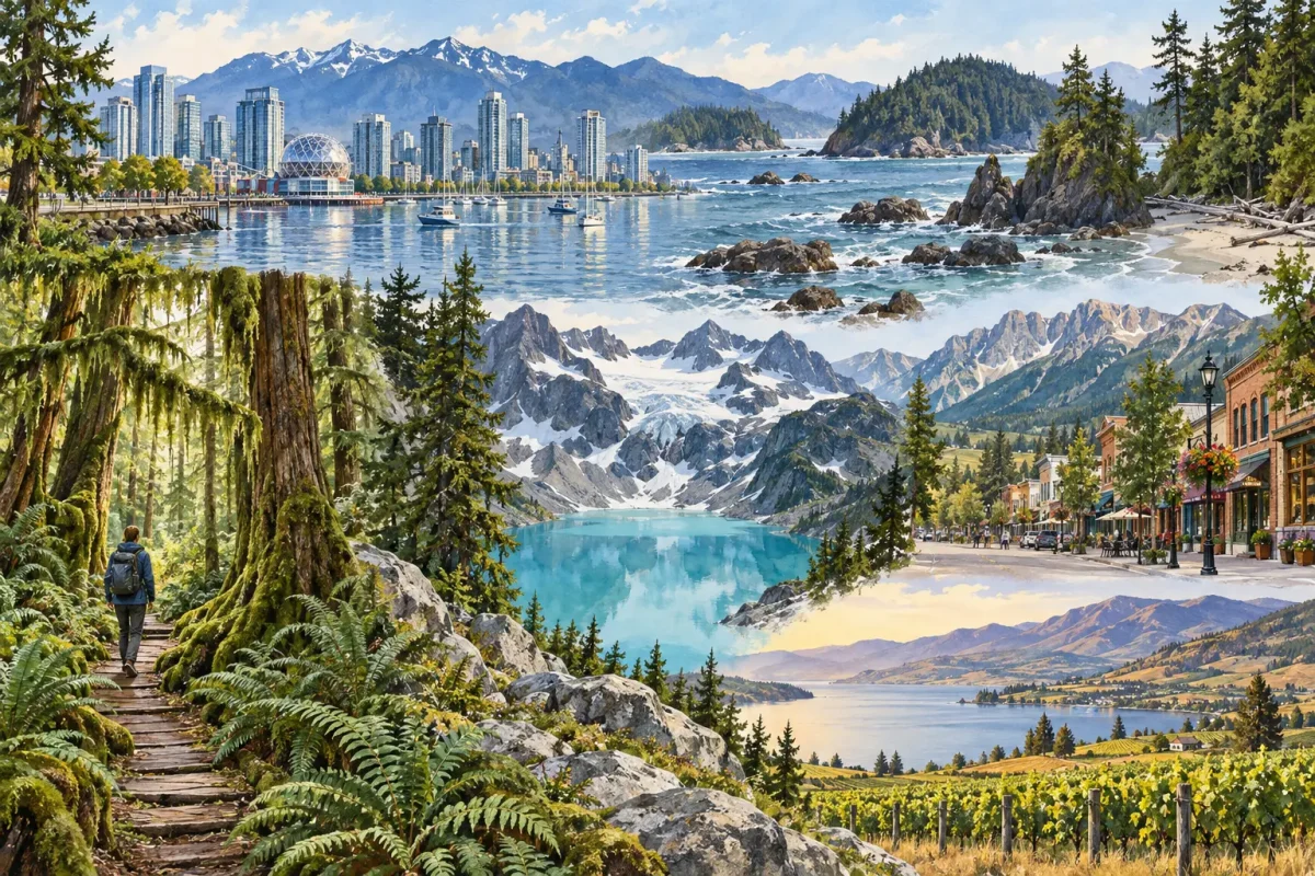 AI illustration of Vancouver, Pacific coastline, rainforest, mountains, Fernie and the Okanagan Valley