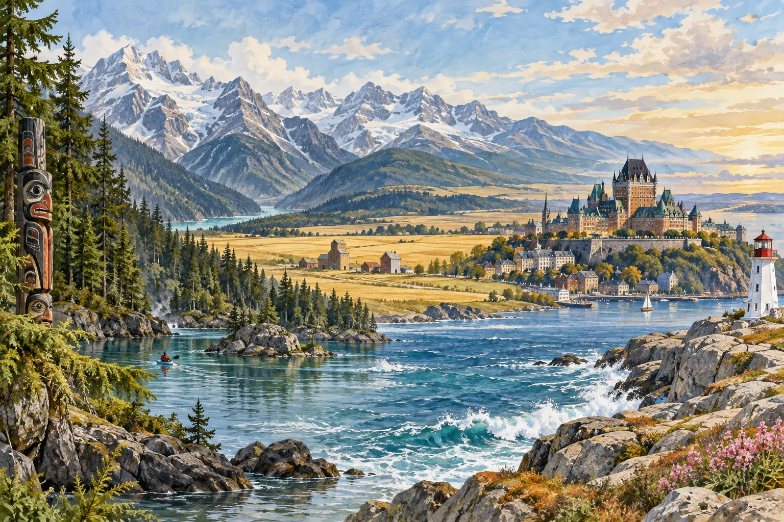 AI illustration representing places to visit across Canada, including mountains, coast, lighthouse and historic city