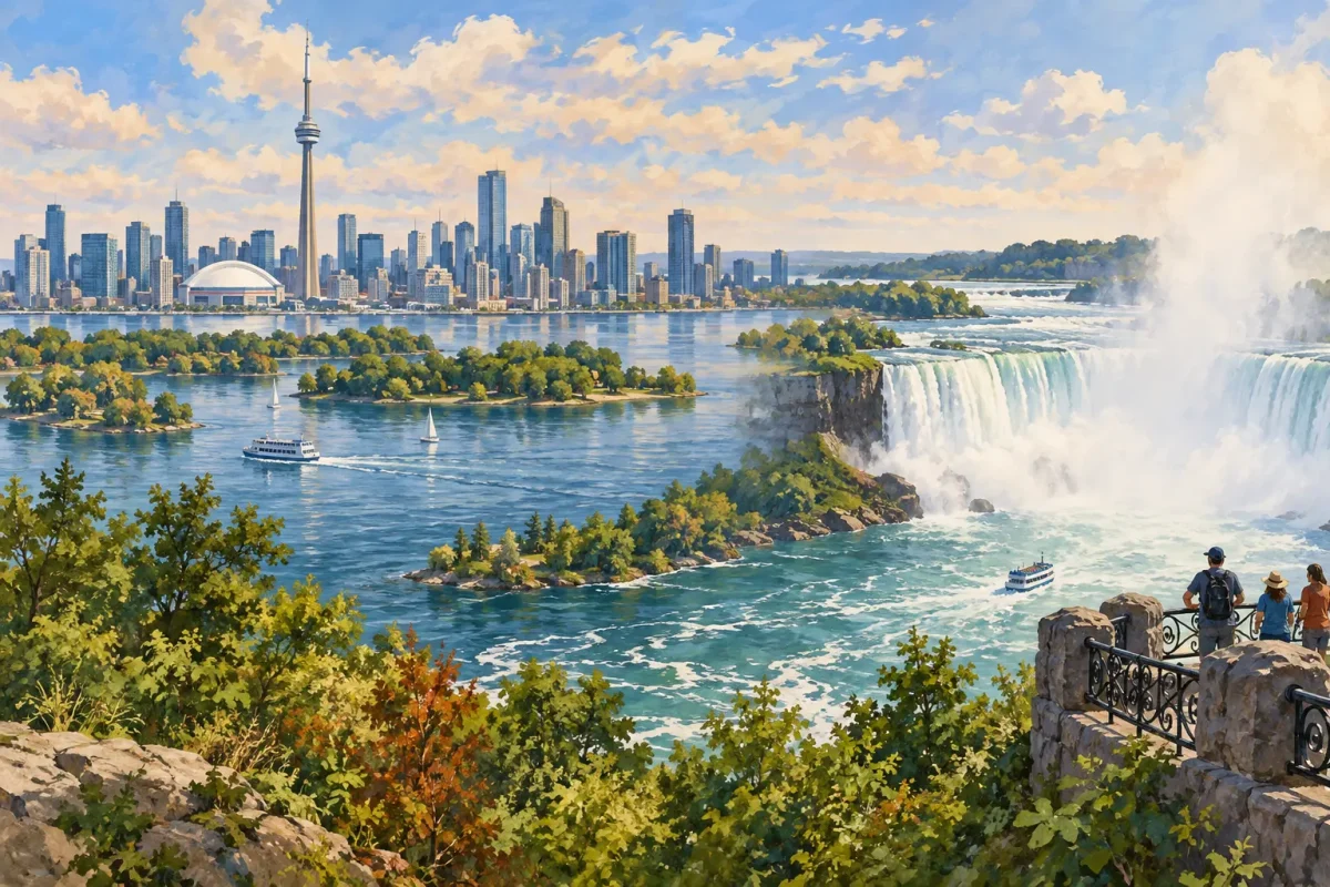 AI illustration combining Toronto’s skyline and islands with Niagara Falls