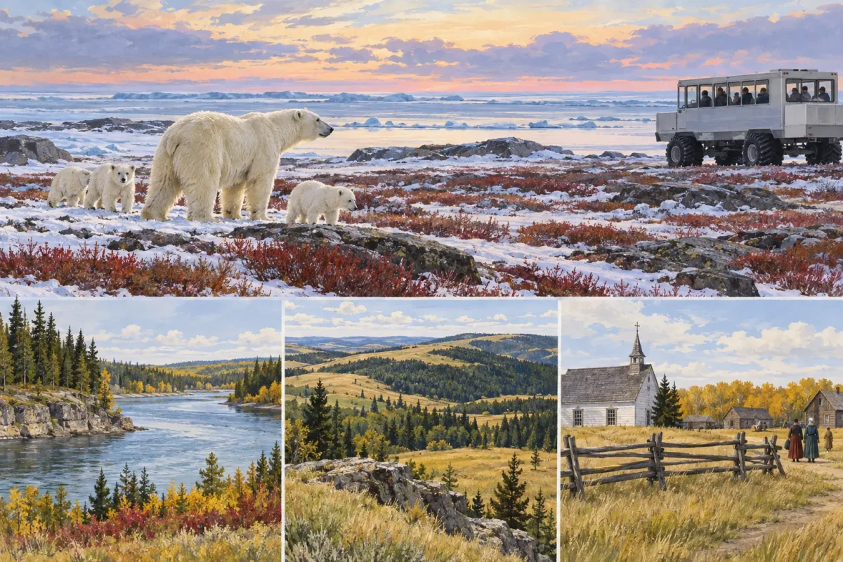 AI illustration of polar bears near Churchill with prairie landscapes and Batoche in Manitoba and Saskatchewan