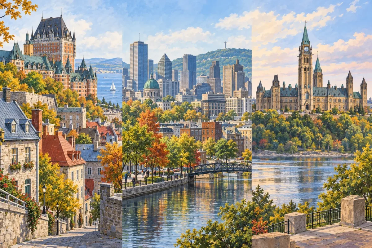 AI illustration combining Old Québec, Montréal and Parliament Hill in Ottawa during autumn