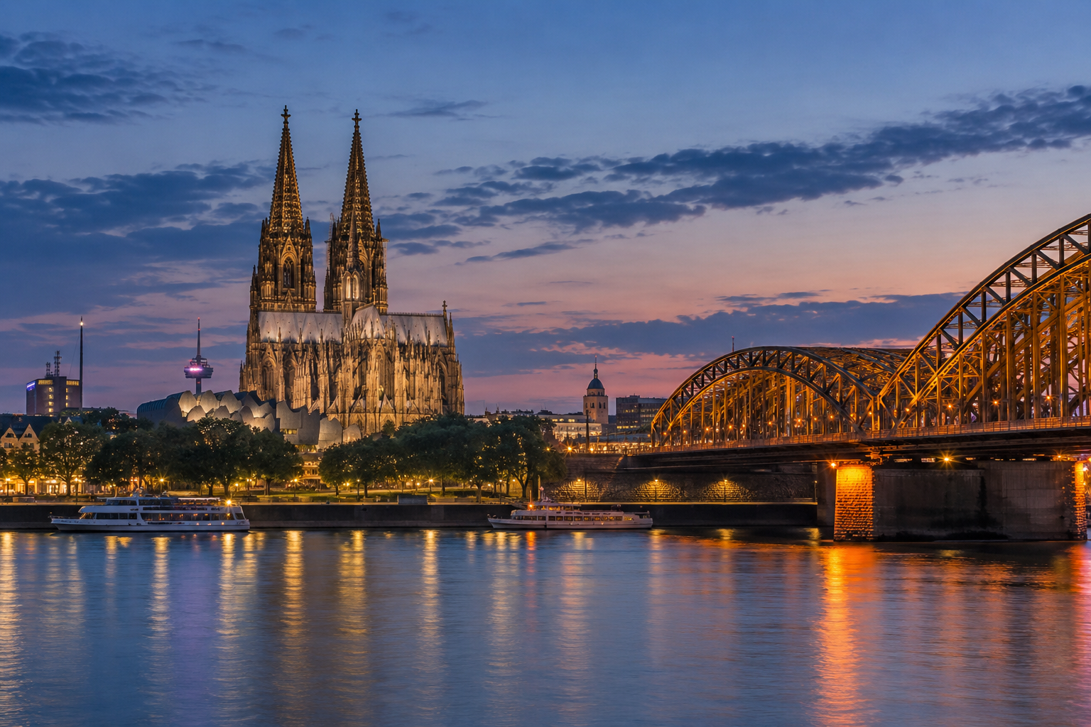 Cologne Cathedral and Hohenzollern Bridge illuminated beside the Rhine at dusk