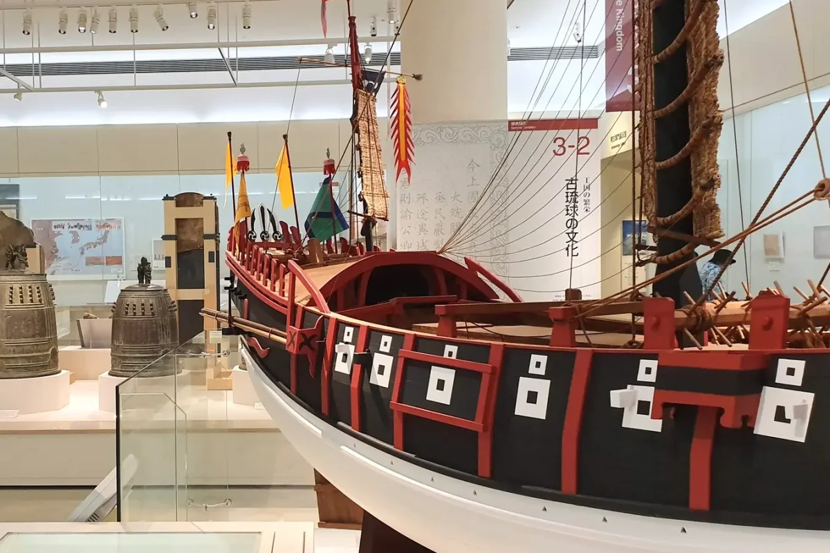 okinawa boat exhibit at prefectural museum 11362 Boat displayed in a gallery at Okinawa Prefectural Museum