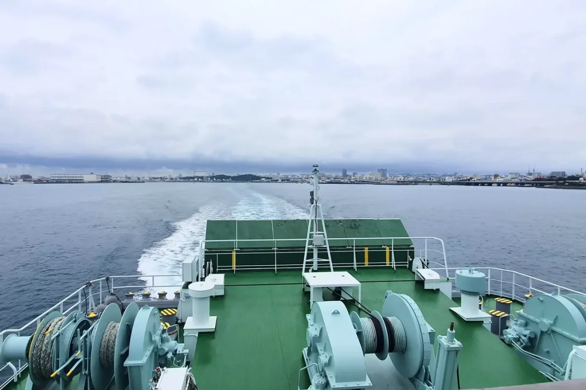 okinawa ferry journey to zamami 11396 View over the ferry deck and wake leaving Naha