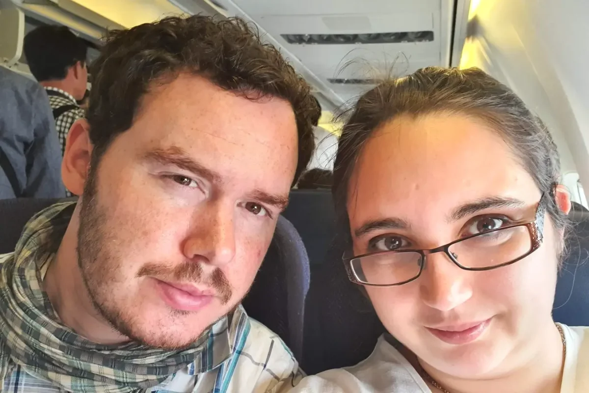 Kat and Gary taking a selfie aboard their flight from Naha to Ishigaki