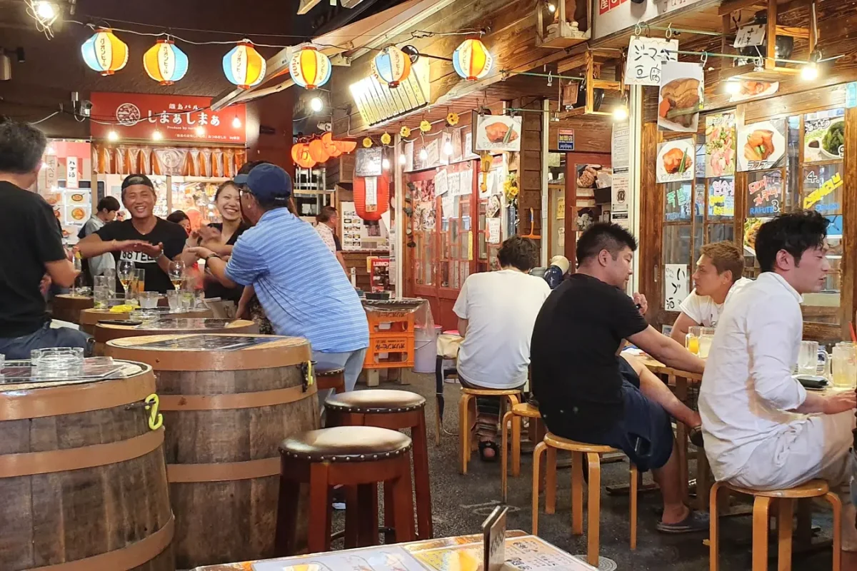 okinawa kokusai street food village 11334 Busy restaurants and diners inside Kokusai Street Food Village in Naha