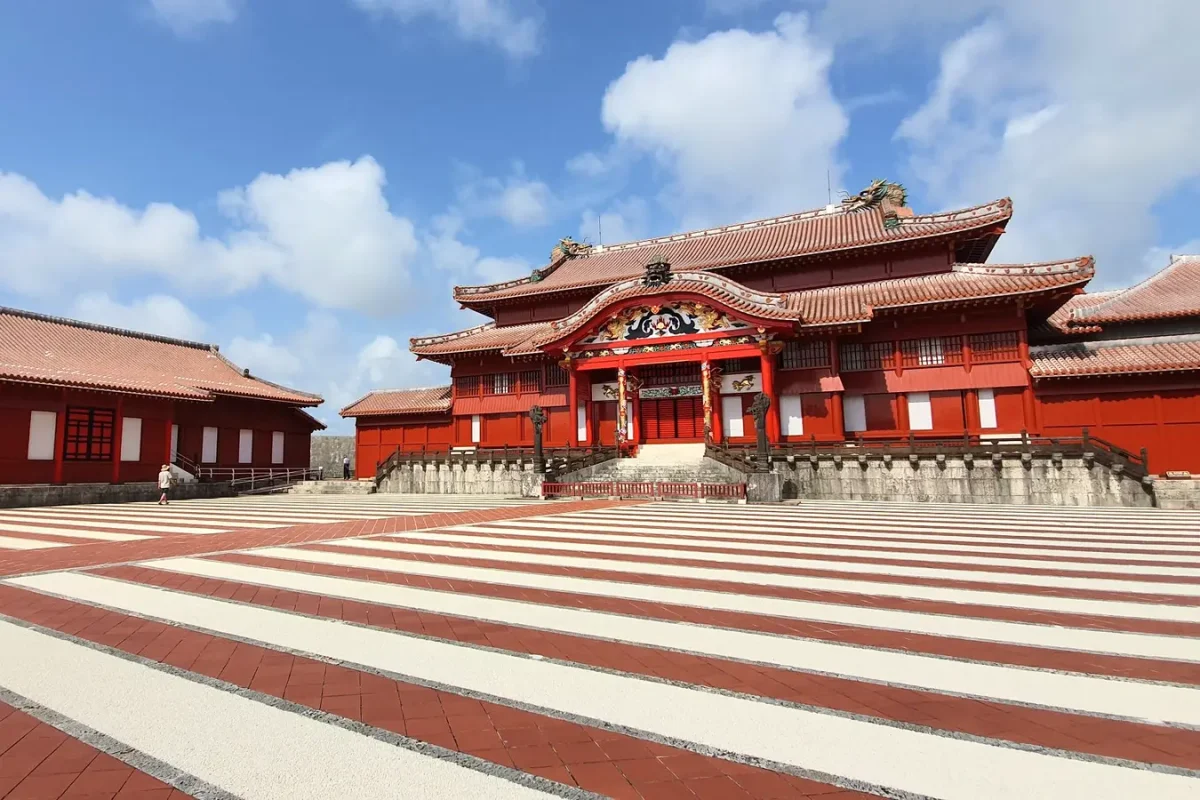Striped courtyard and main hall at Shuri Castle in May 2019